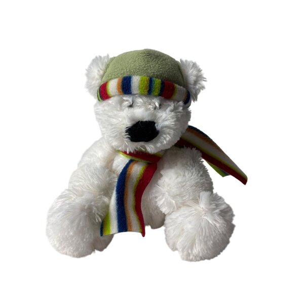 Russ Berrie Snowy Days Nanuk White Plush Bear With Striped Hat Scarf 8" Beanie - Picture 1 of 6